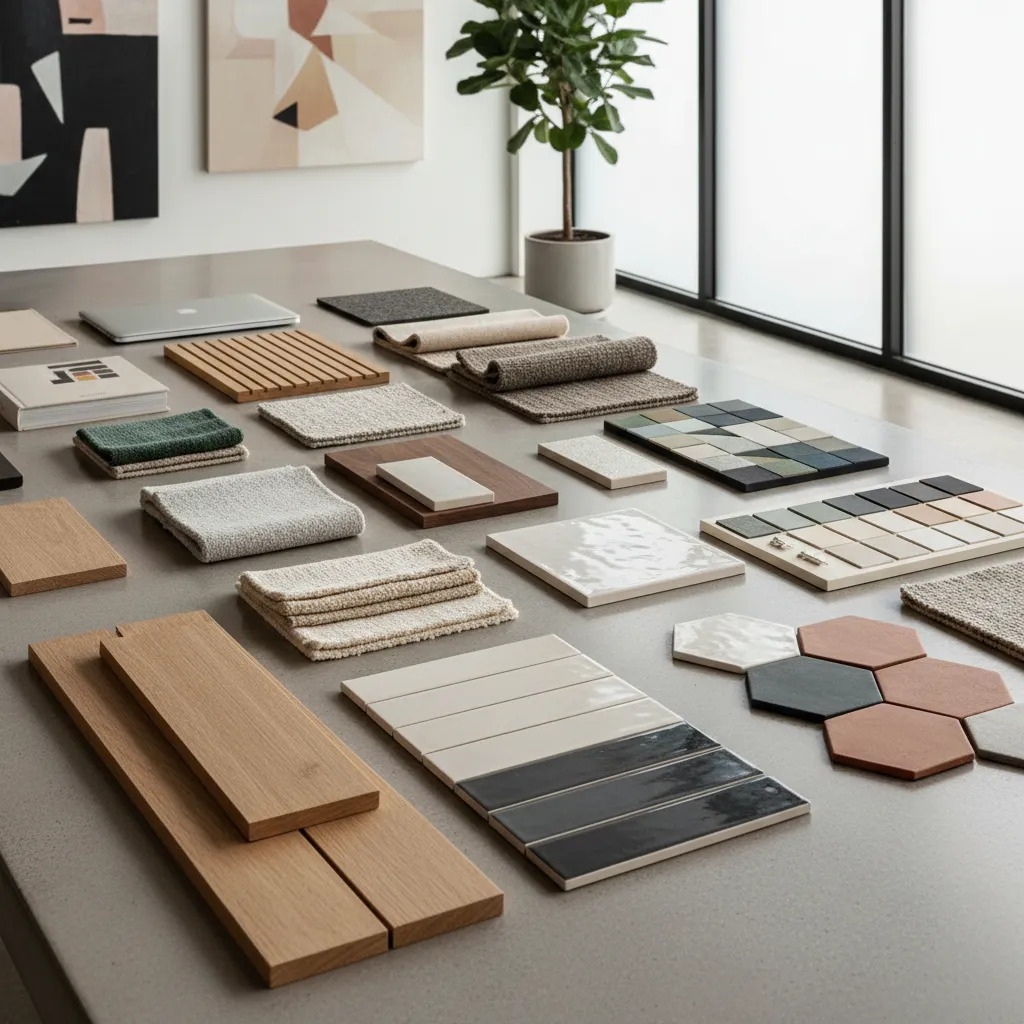 Mesa con muestras de materiales de interiorismo como madera, tela y cerámica