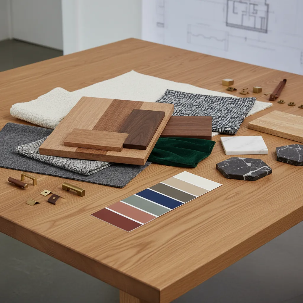 Interior design materials including wood samples fabric color palette and stone tiles on wooden table