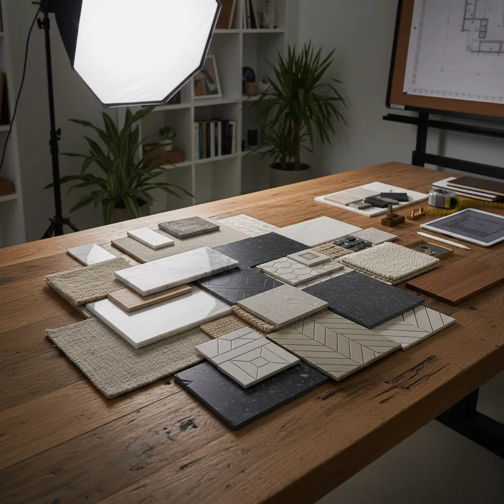 muestras de materiales de interiorismo como madera tela y piedra