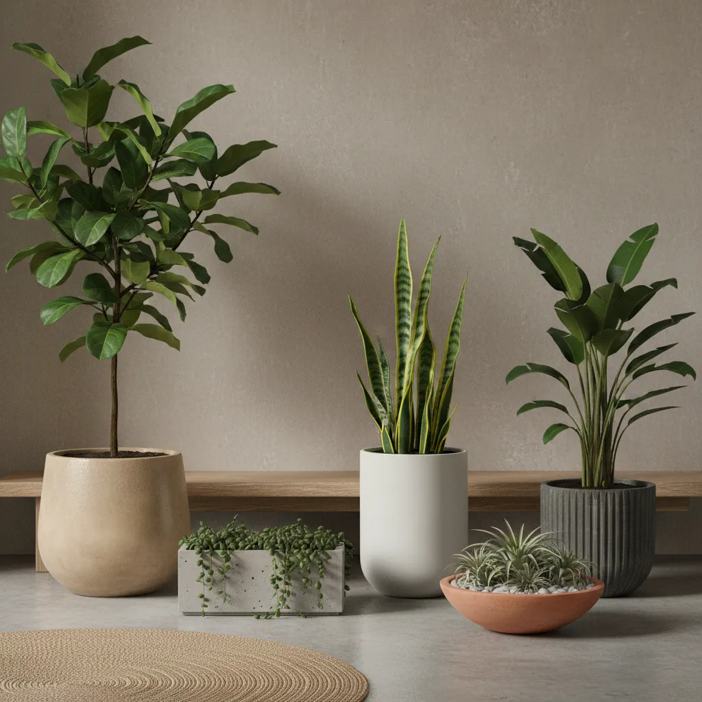 Indoor green plants in various ceramic pots arranged on floor and wooden bench against wall