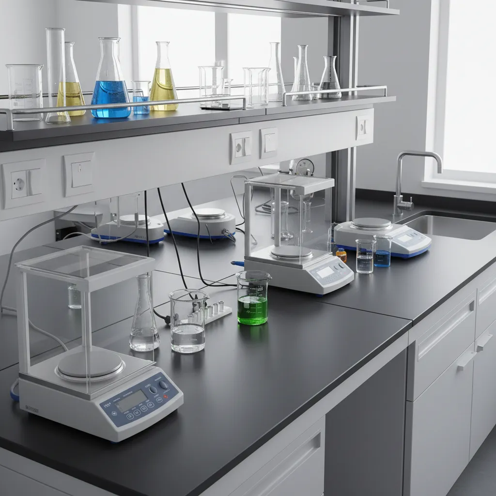 Detalle de encimeras de laboratorio en acero inoxidable y resina fenólica