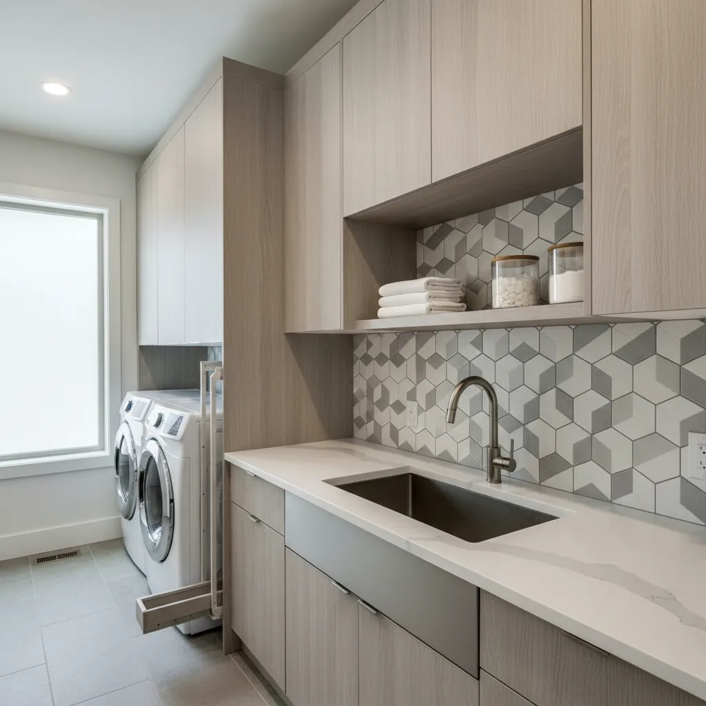 Modern laundry room with wood cabinets white countertop sink geometric tile backsplash washing machine dryer