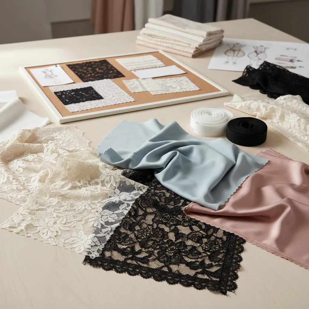 Various fabric samples with lace and silk materials placed on a table near design board