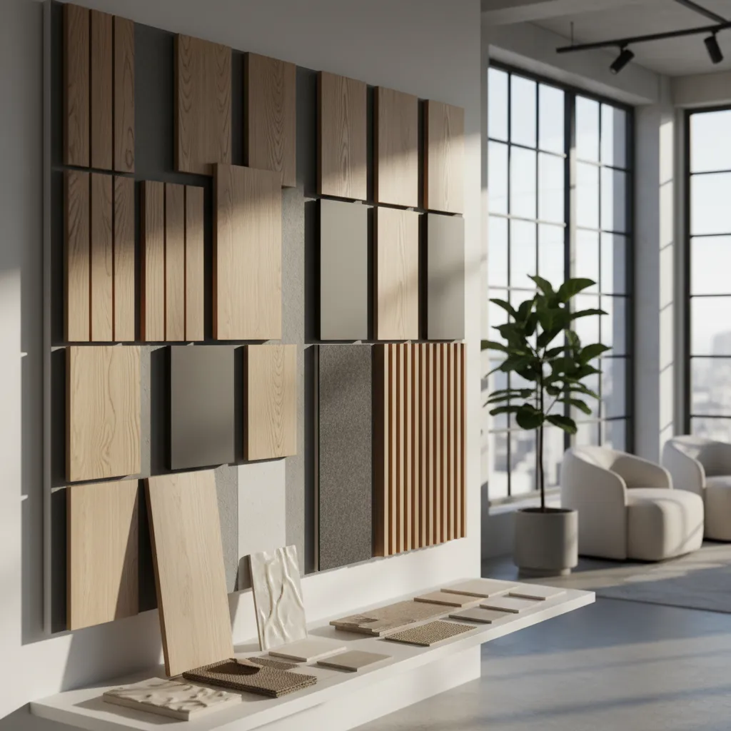 Diferentes materiales de listones decorativos como madera y panel acústico