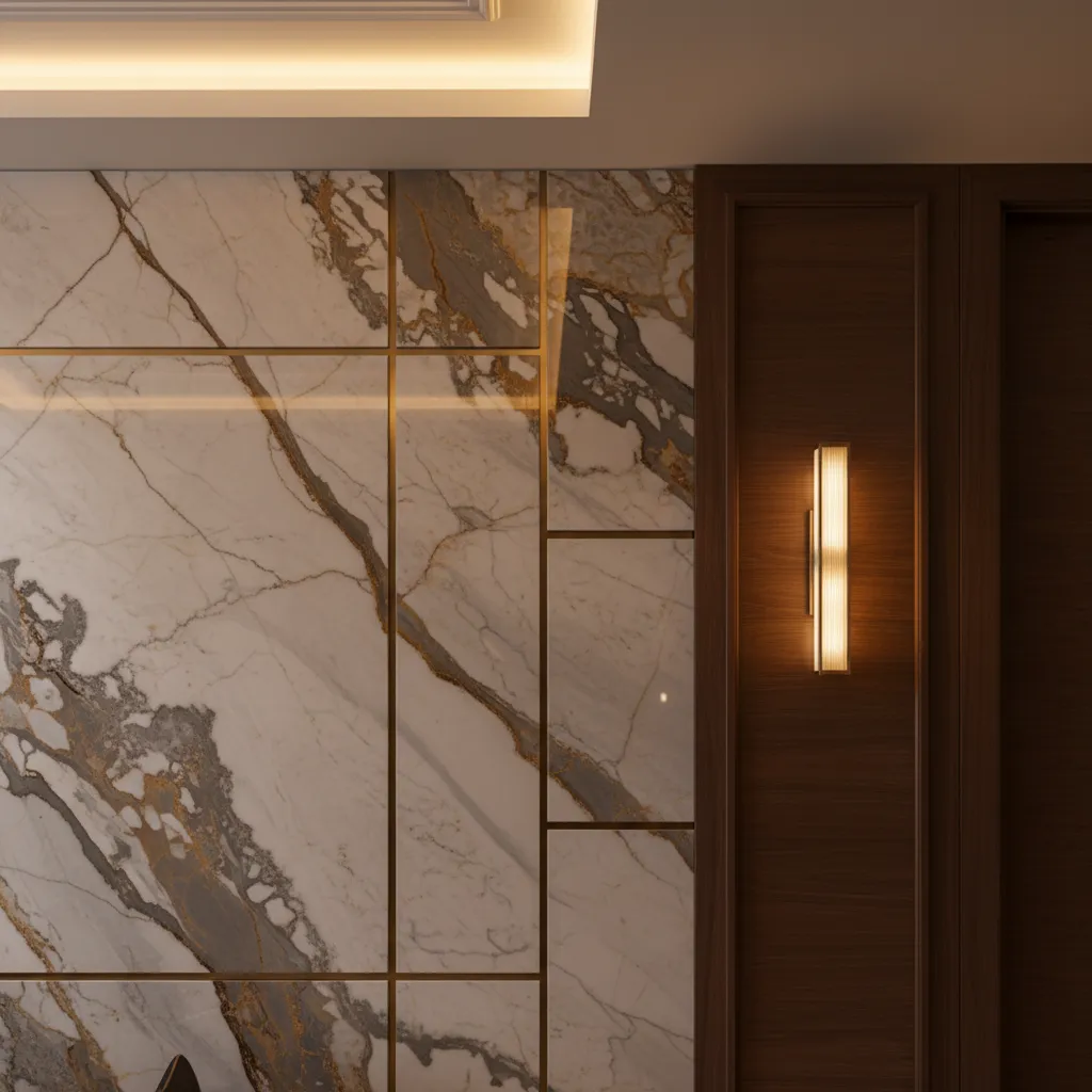 White marble wall with gold lines and a modern warm glowing wall light on wood