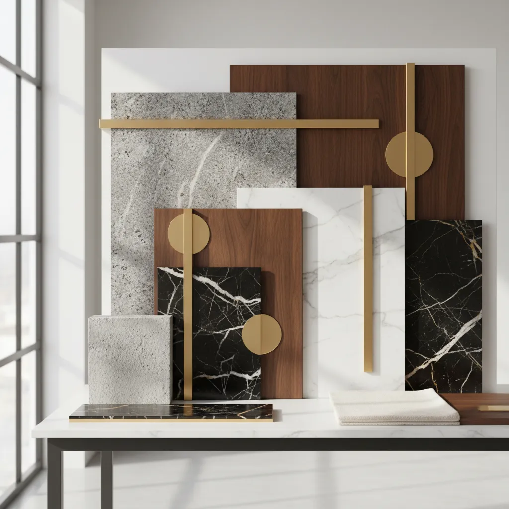 Detalle de materiales de lujo en interior moderno con piedra y madera