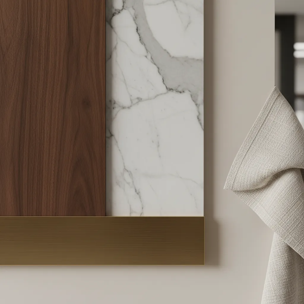 Detalle de materiales de lujo como mármol, madera y latón