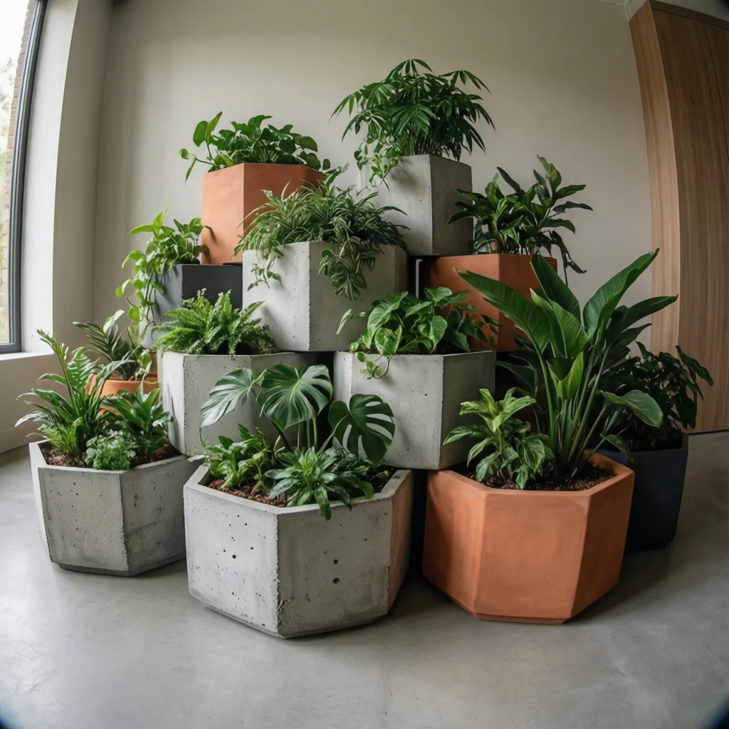 Maceteros hexagonales de cerámica y cemento para interiores