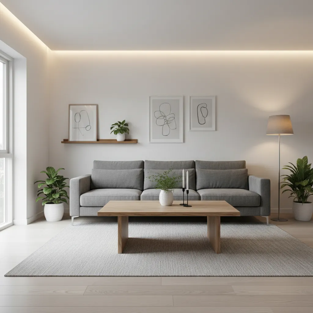 Modern living room with grey sofa wooden coffee table grey rug and framed wall art