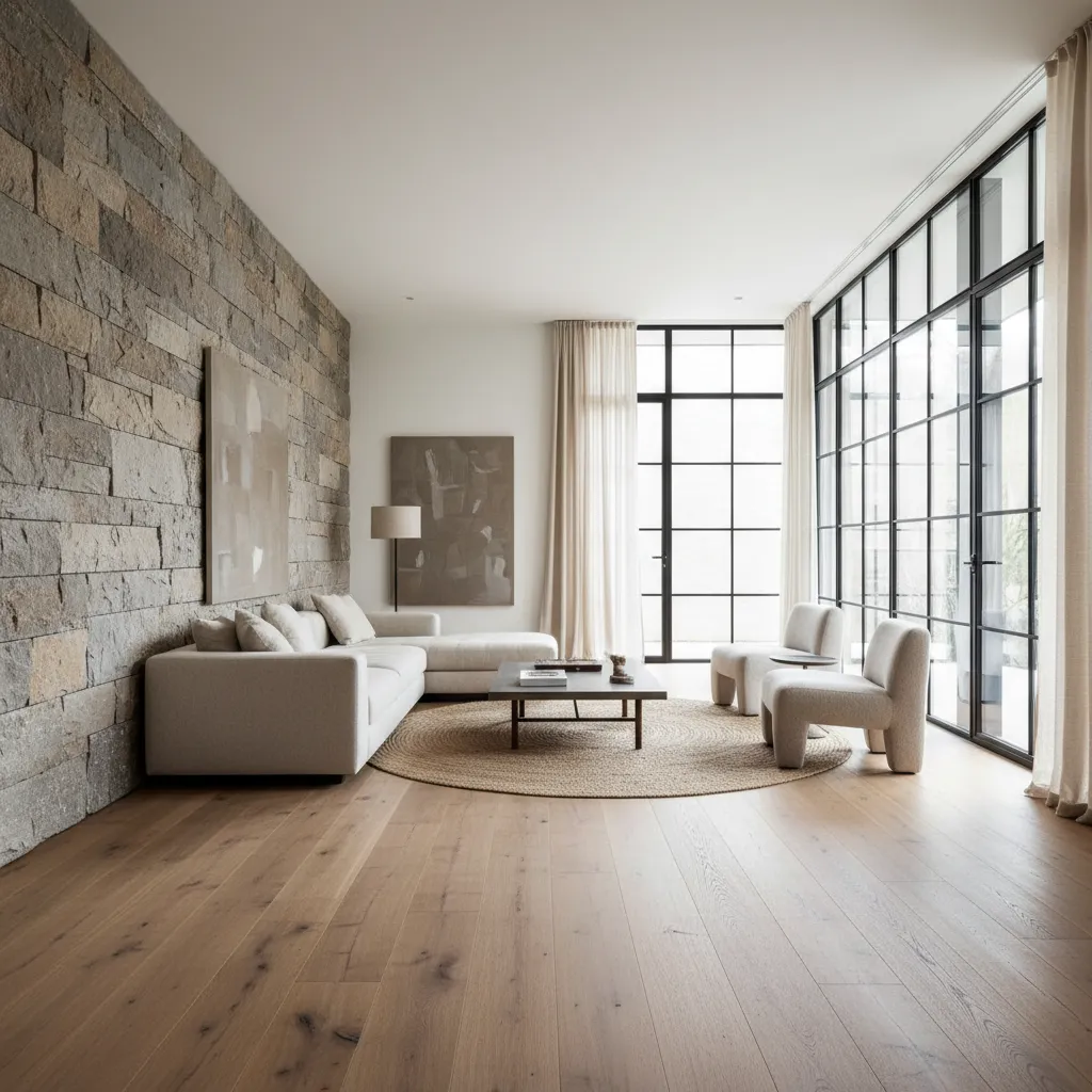 Interior moderno combinando madera natural y piedra decorativa