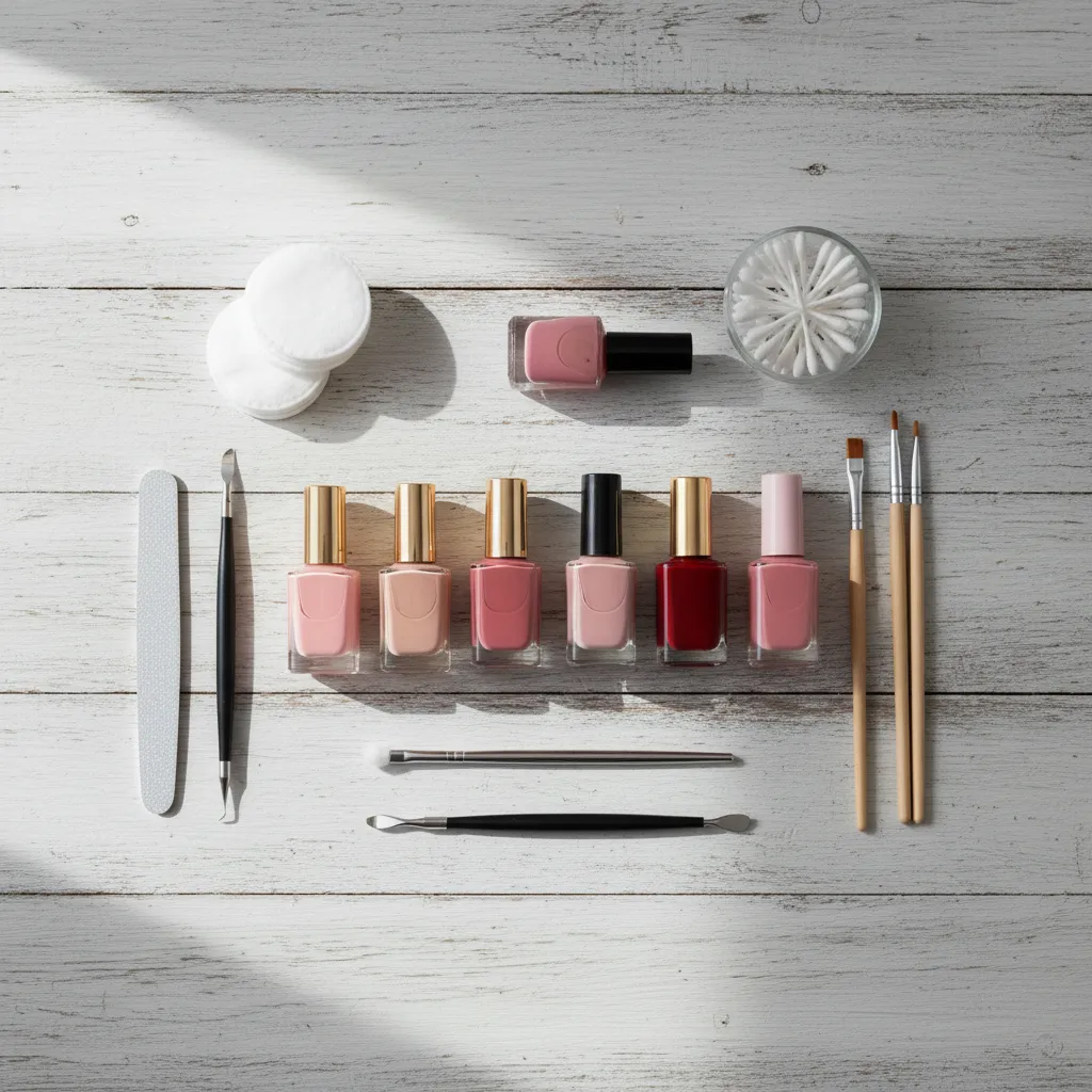 Herramientas básicas para hacer diseños de uñas en casa sobre una mesa