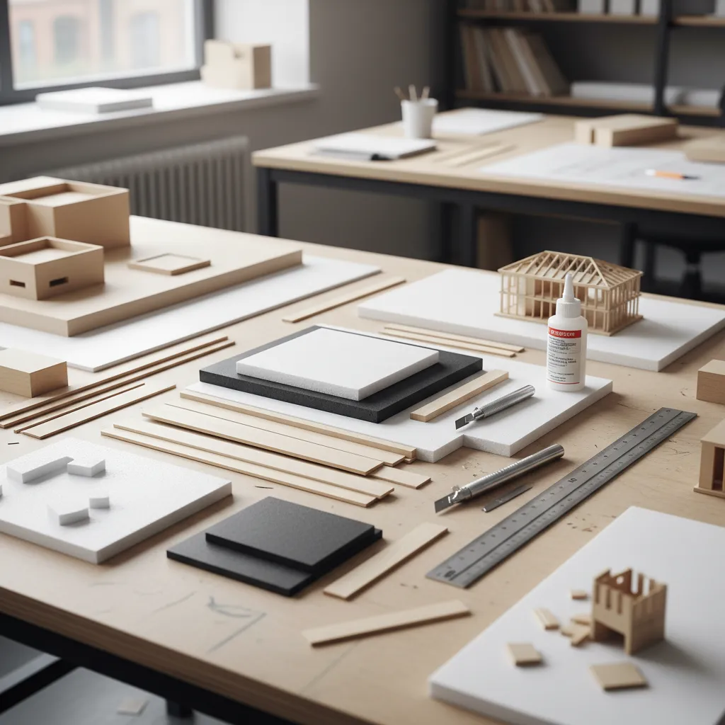 Materiales para maqueta arquitectónica como cartón pluma y madera balsa