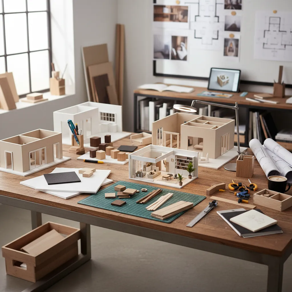 Mesa con materiales para maqueta de diseño de interiores