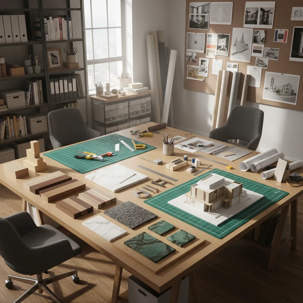 Wooden table with green cutting mats, house models, stone samples, tools, and sunlit office background