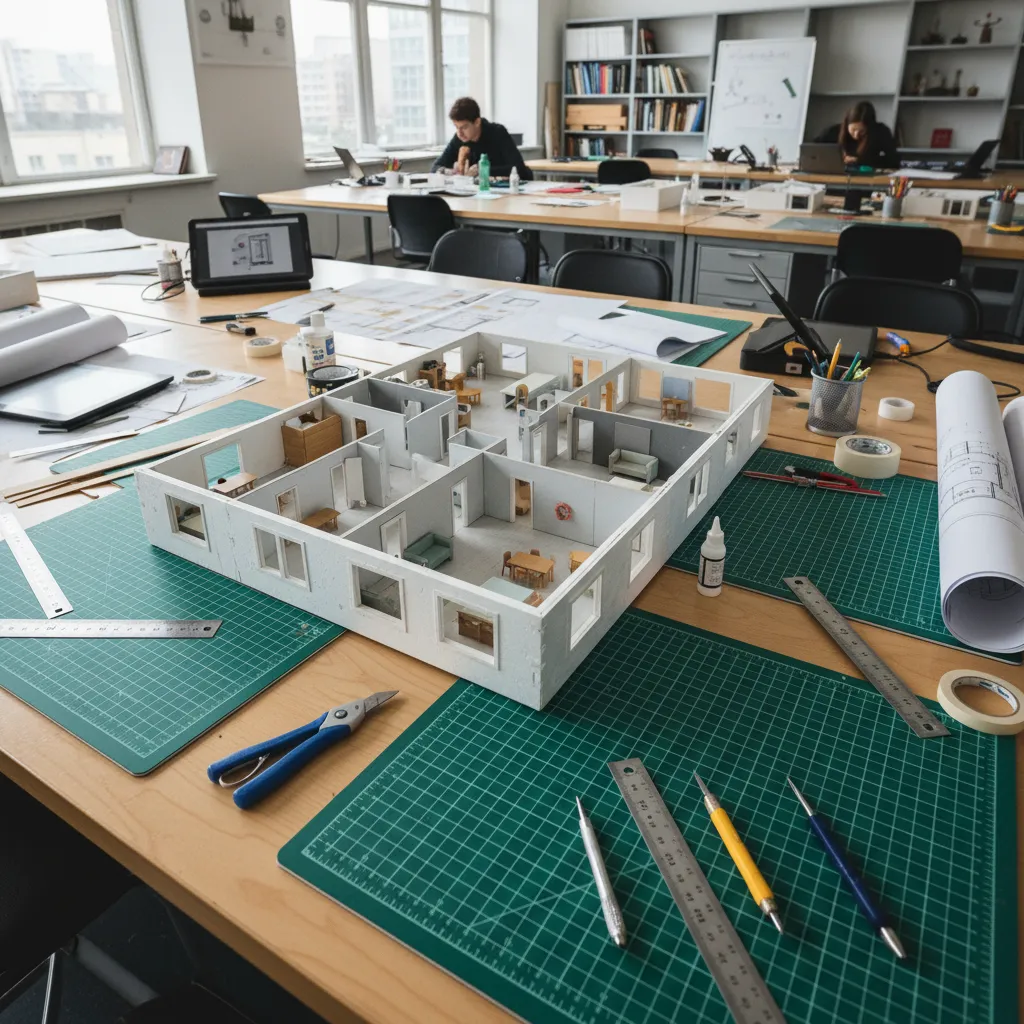 Detailed white model showing room layout on green cutting mat with various interior design tools