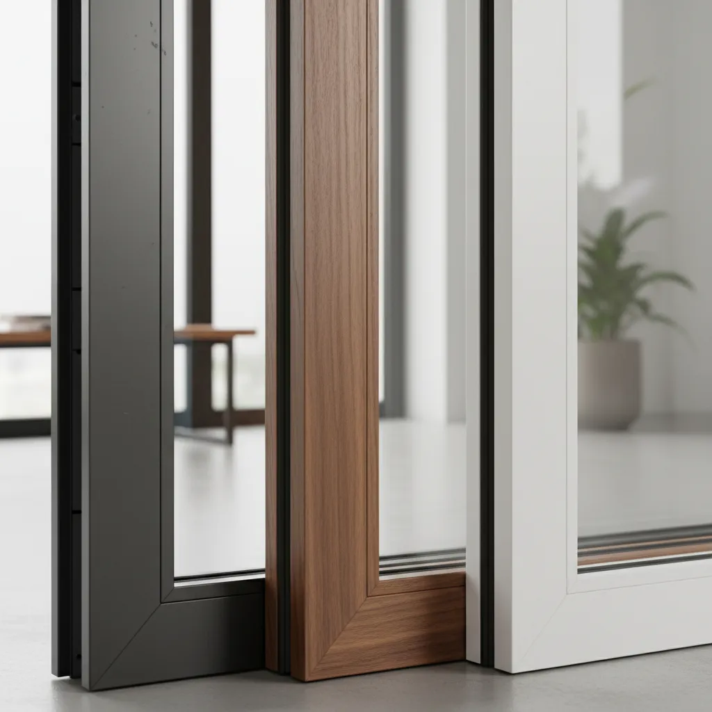 Detalle de marcos de aluminio y madera en una puerta ventana moderna