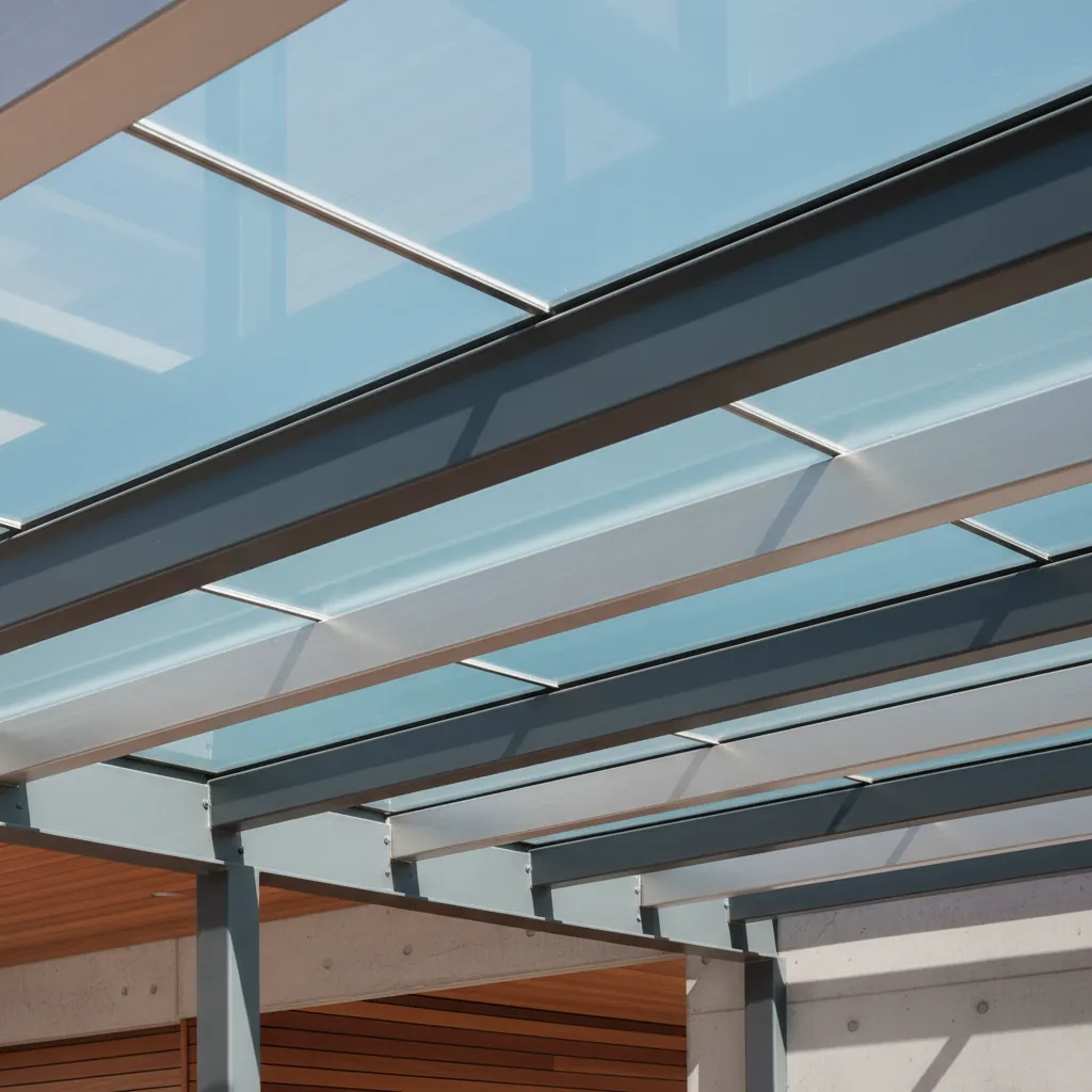 Detalle de estructura de marquesina con acero y vidrio