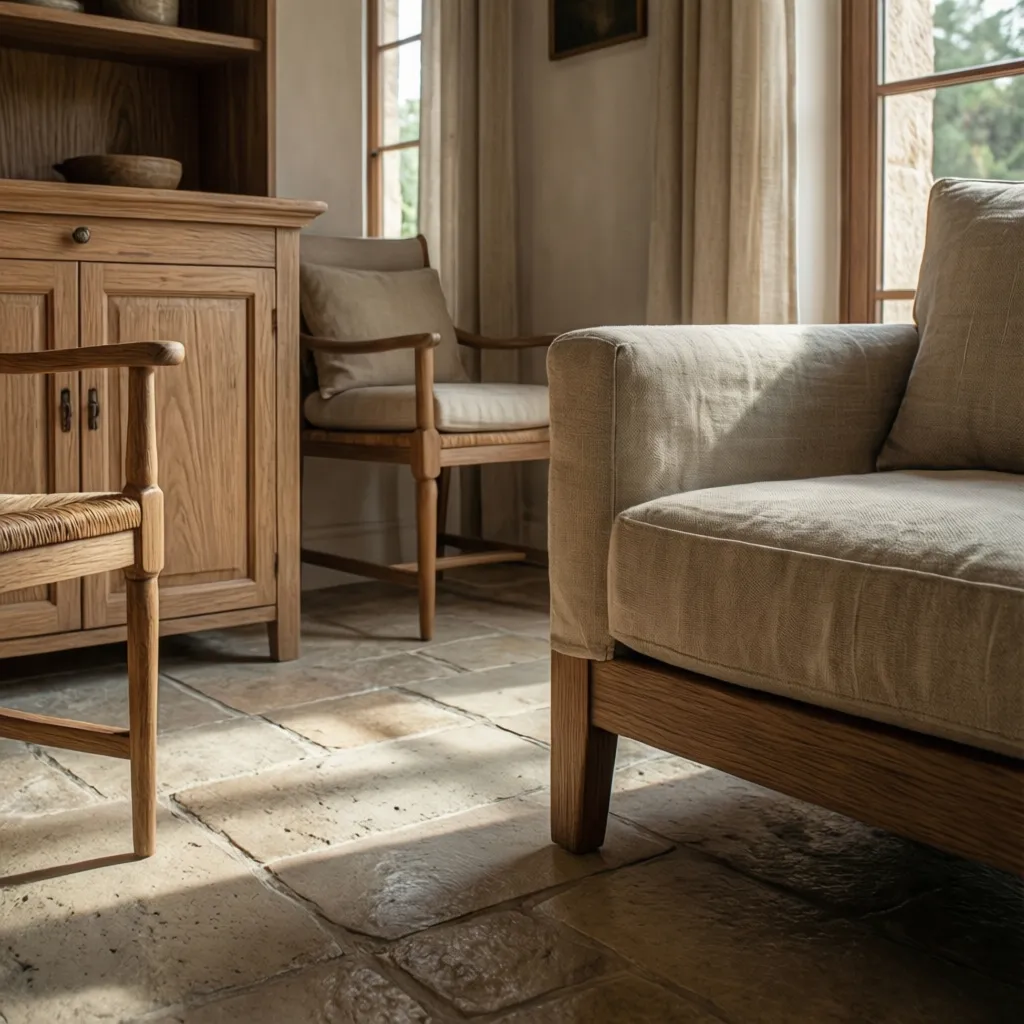 Detalle de materiales mediterráneos como piedra, madera y lino en interior moderno