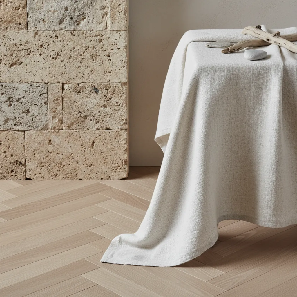 Detalle de materiales mediterráneos como piedra, madera y lino