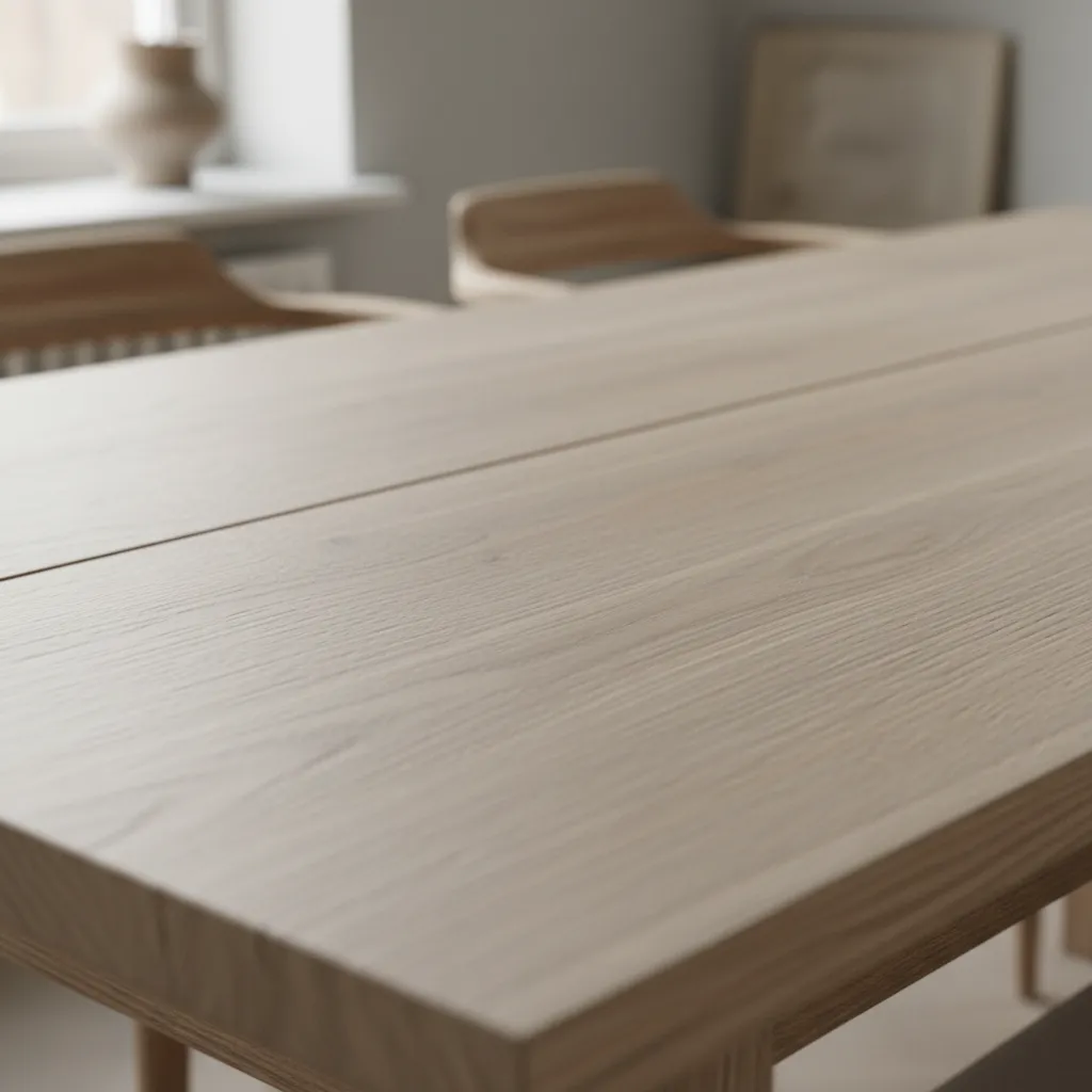 Detalle de mesa de comedor escandinava de roble natural