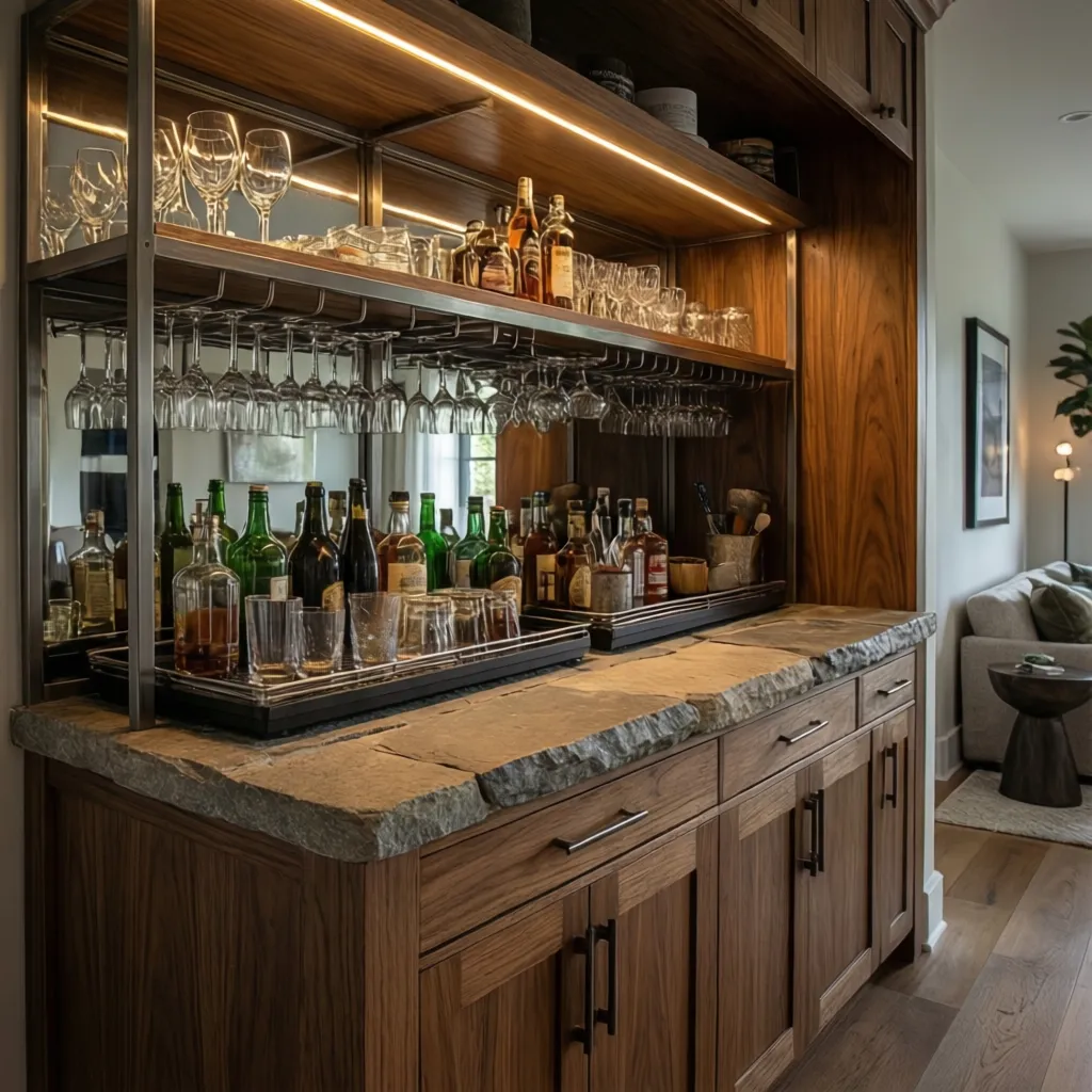 Detalle de minibar con encimera de piedra, madera y estantes metálicos