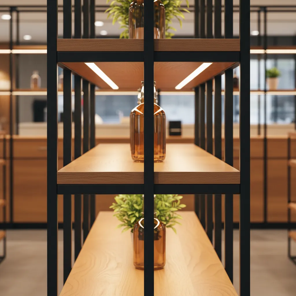 Detalle de materiales en mobiliario comercial de tienda moderna