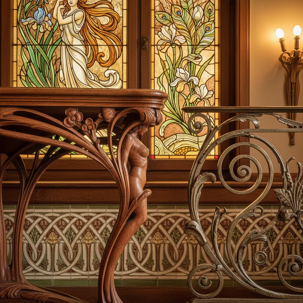 Carved wood table with figure, metal railing, stained glass window and a decorative wall light