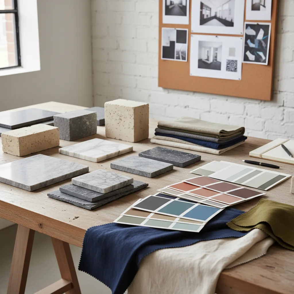 Interior design moodboard featuring marble tiles, color swatches, fabric samples, and stones on wooden table
