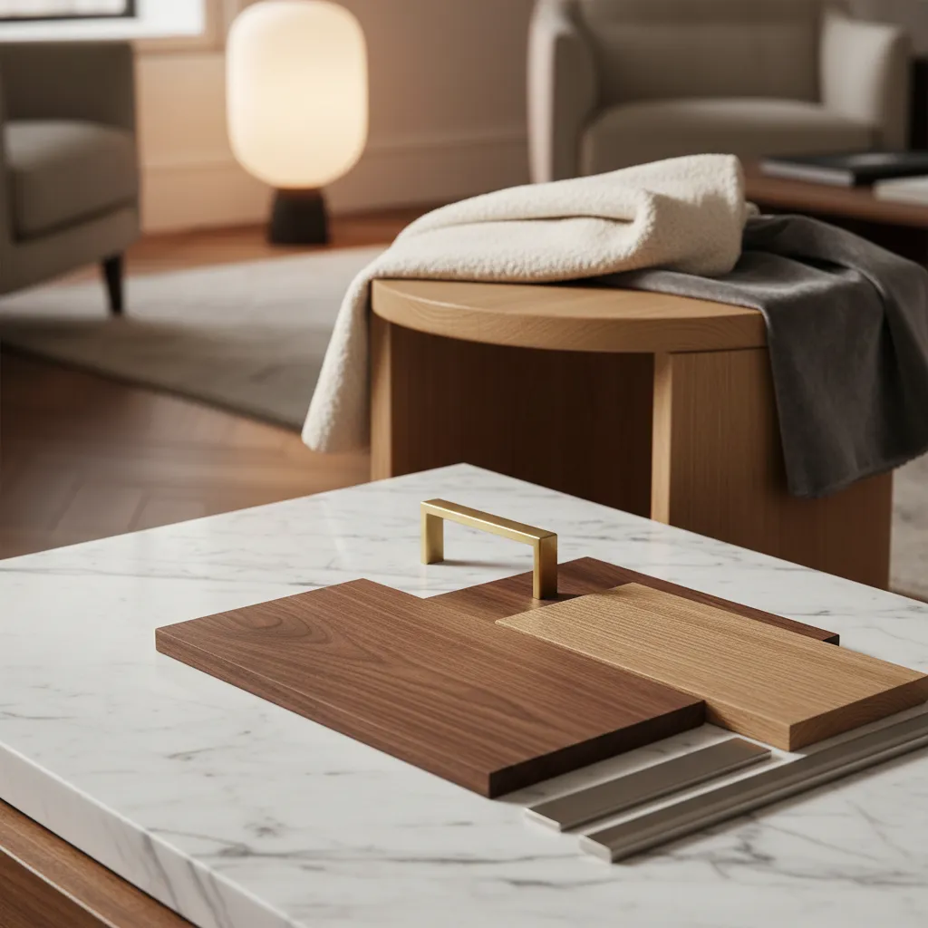 Close-up of wood samples and gold handle on marble surface in a modern living room