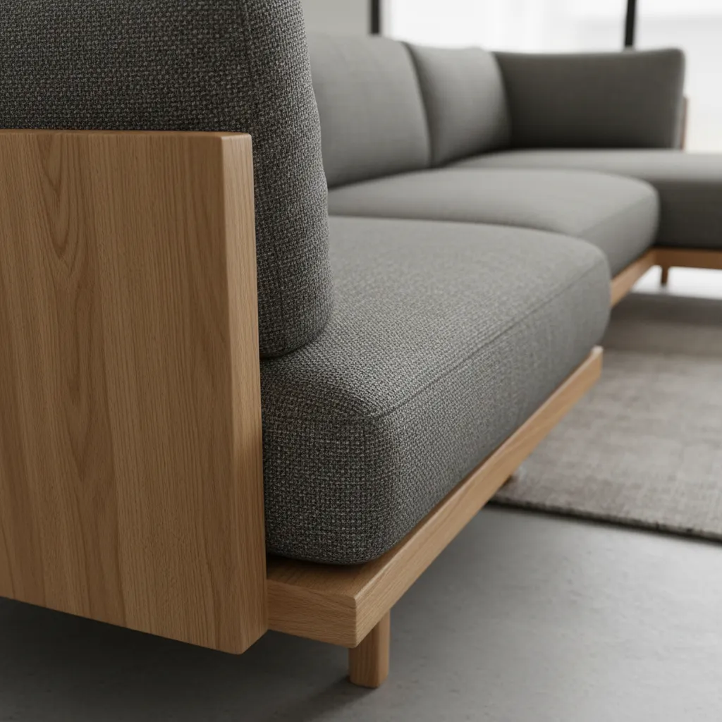 Detalle de materiales de muebles de madera y tela