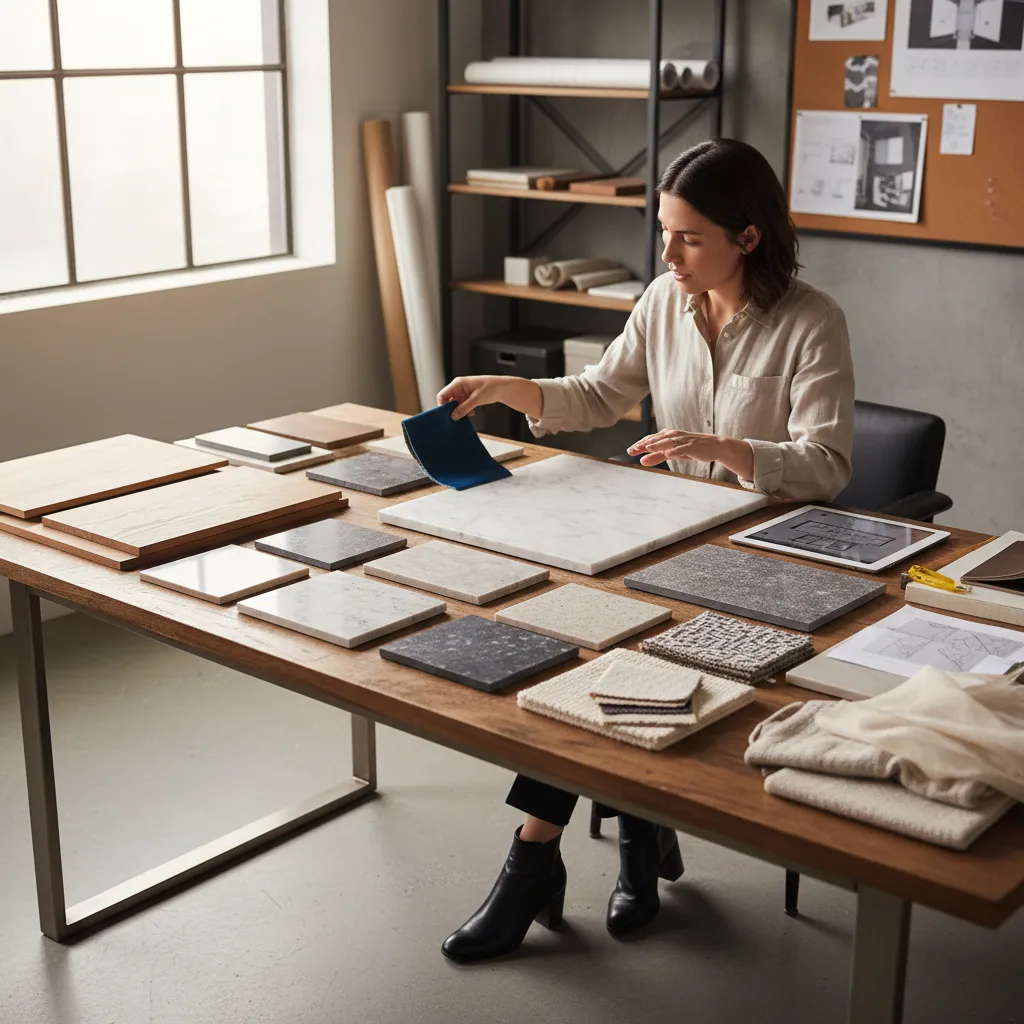Muestras de madera, piedra y textiles usadas en un proyecto de interiorismo