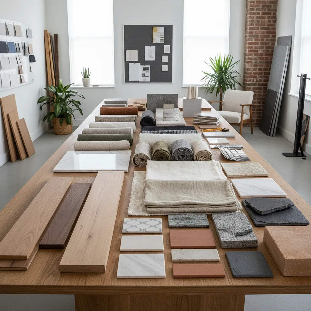 Mesa con muestras de materiales de interiorismo como madera, textiles y cerámica