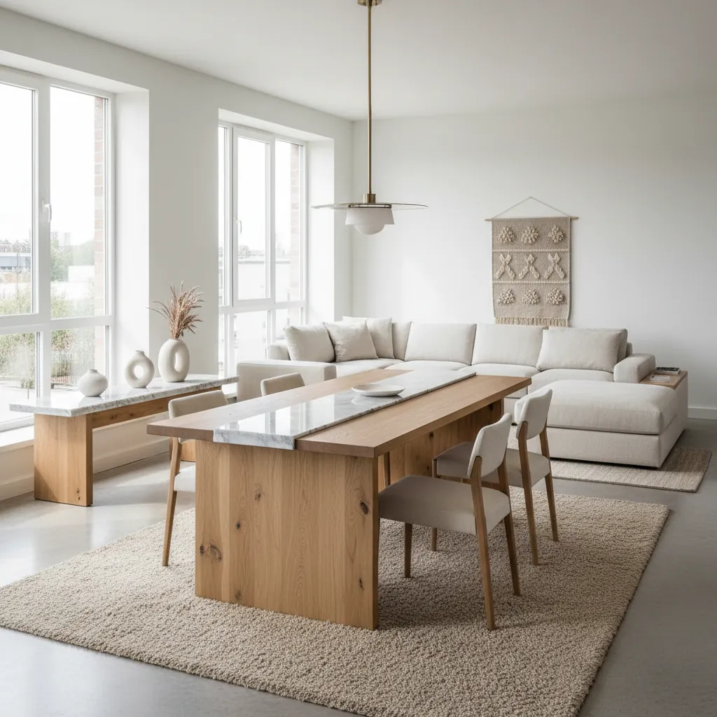 Interior con madera natural, mármol y textiles de lino