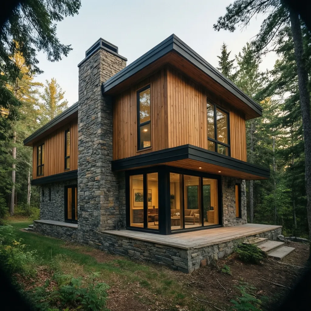 Interior design drawing of house with stone walls wooden siding and forest view from deck