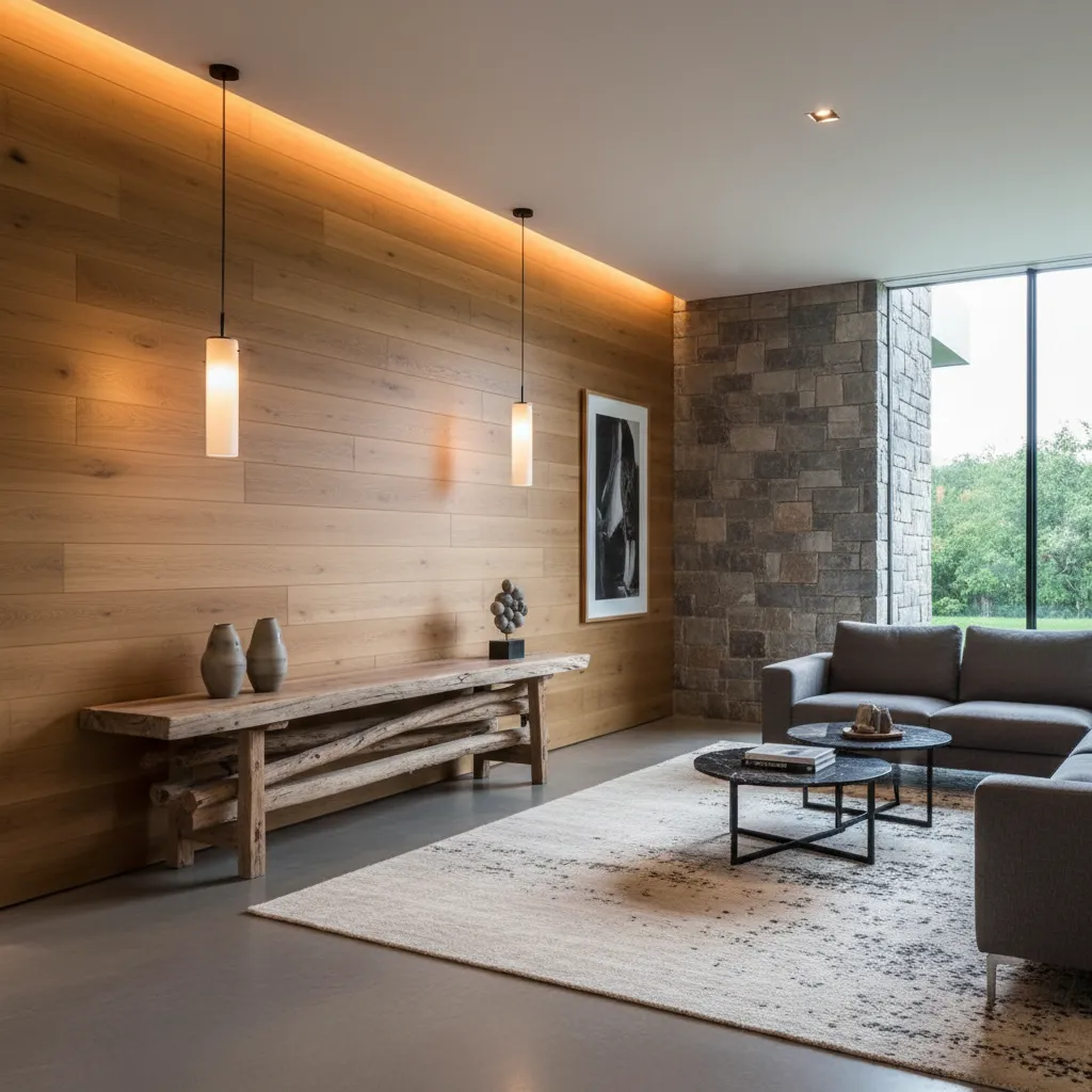 Interior moderno con madera y piedra natural