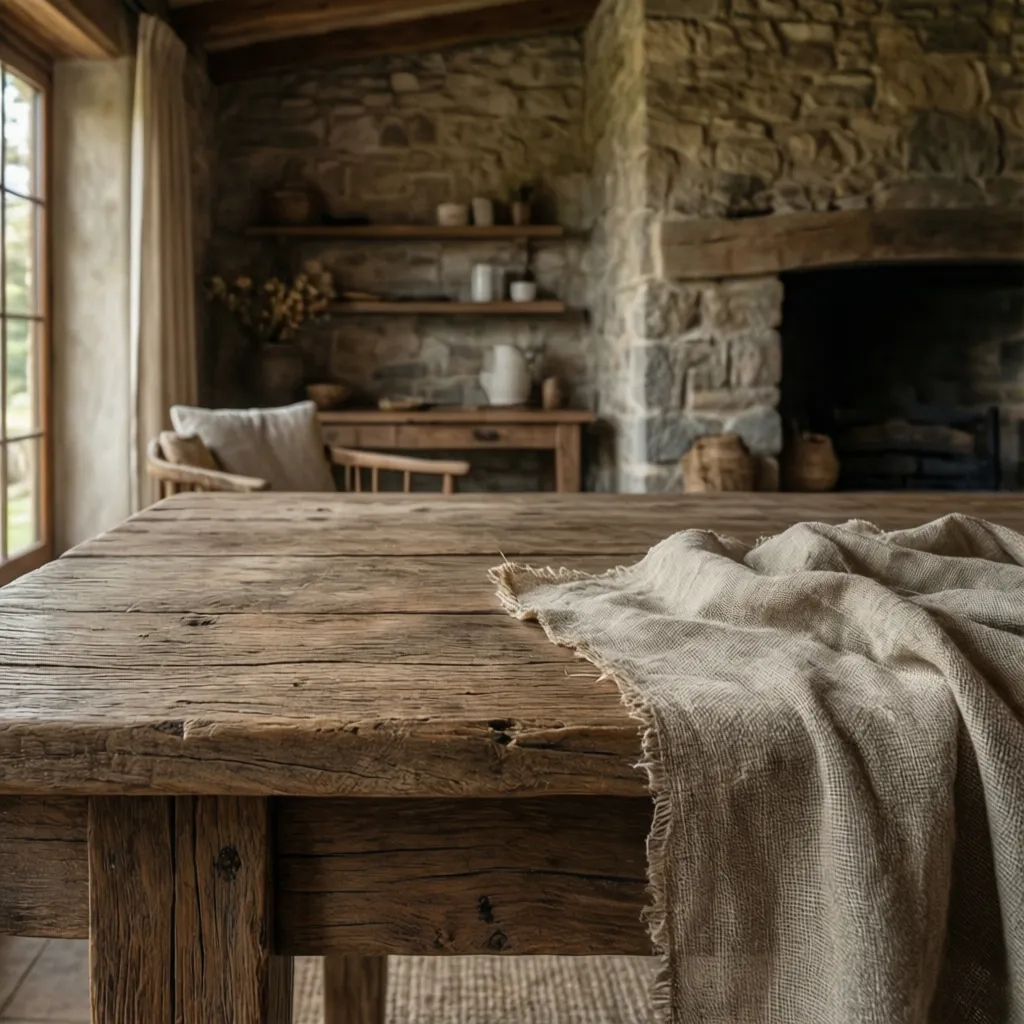 Detalle de materiales naturales como madera, lino y piedra en interior rural
