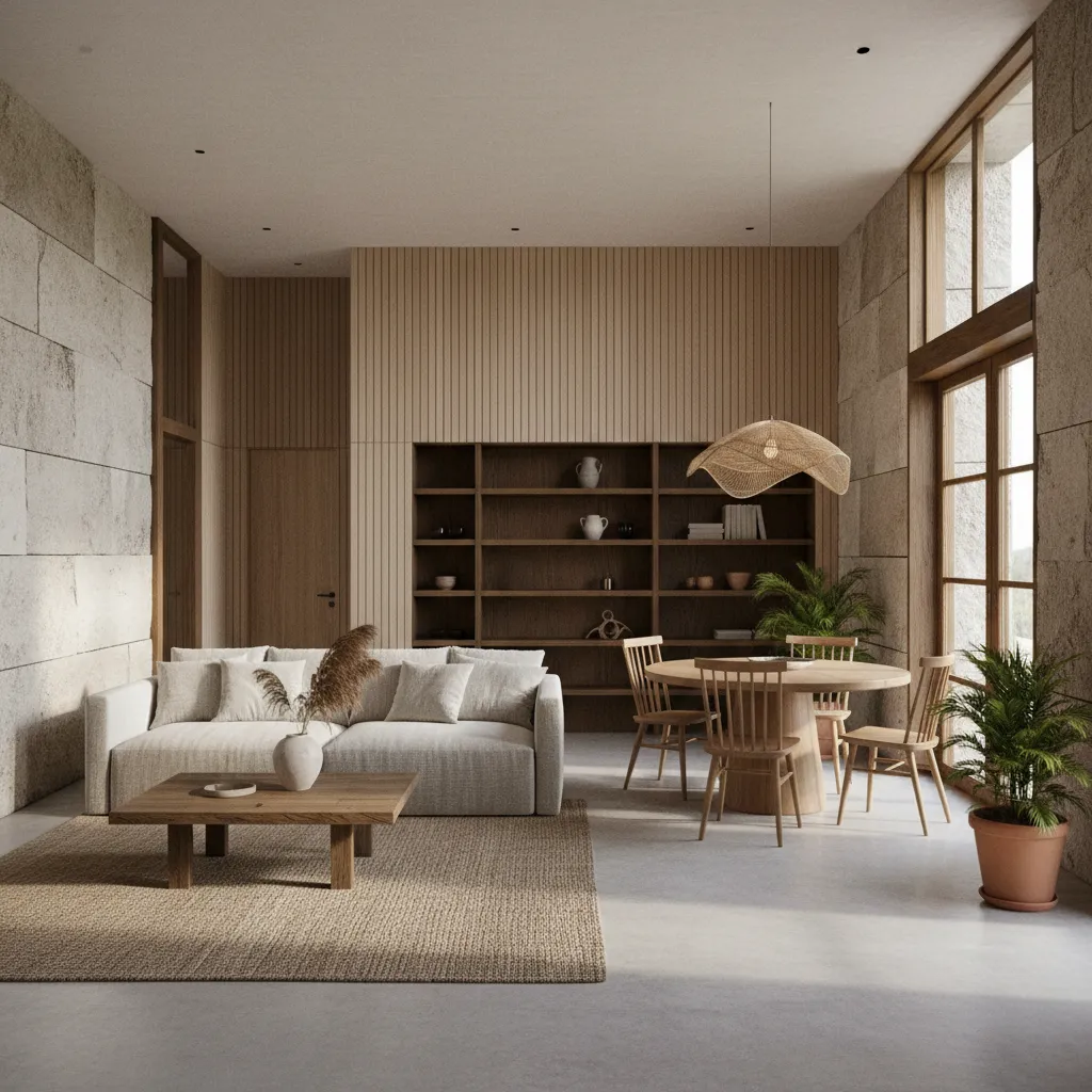 Minimalist room with stone walls wooden wall panels sofa dining table and woven ceiling light
