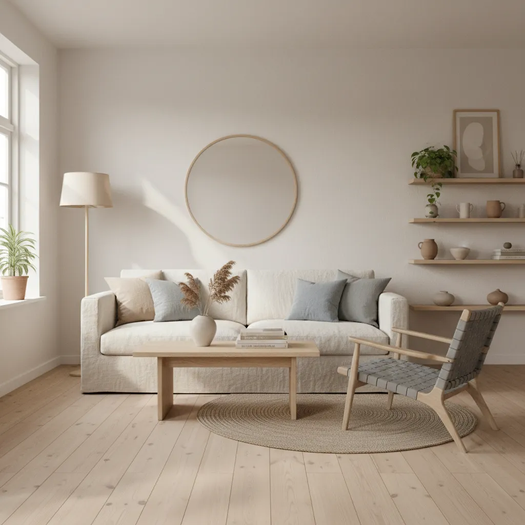 Simple living room with beige sofa, round mirror, wooden coffee table, and comfortable woven chair