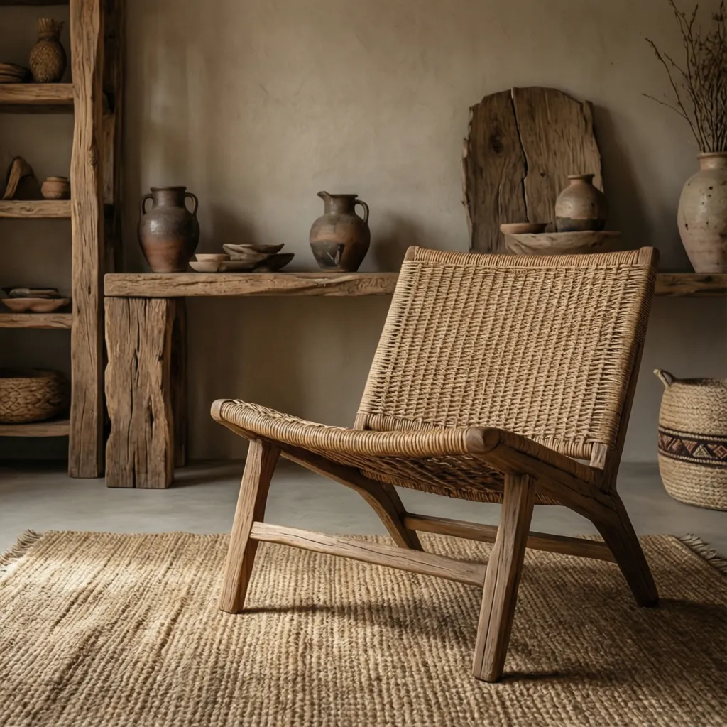 Muebles de madera y fibras naturales en interior étnico
