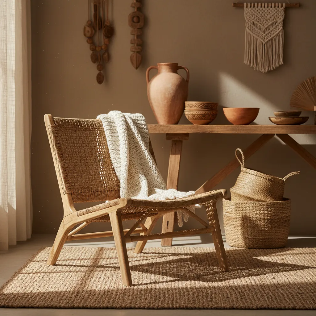 Materiales naturales en decoración étnica como madera, ratán y terracota