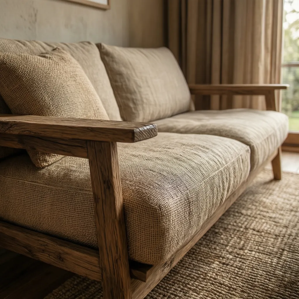 Detailed view of textured beige fabric sofa with wooden armrests on a woven brown rug