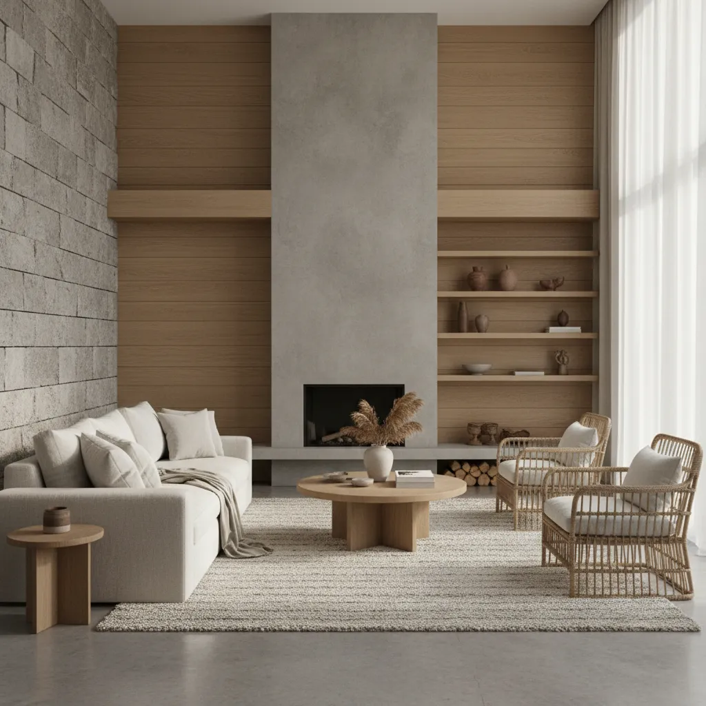 Modern living room with white sofa wooden coffee table two woven chairs and grey fireplace