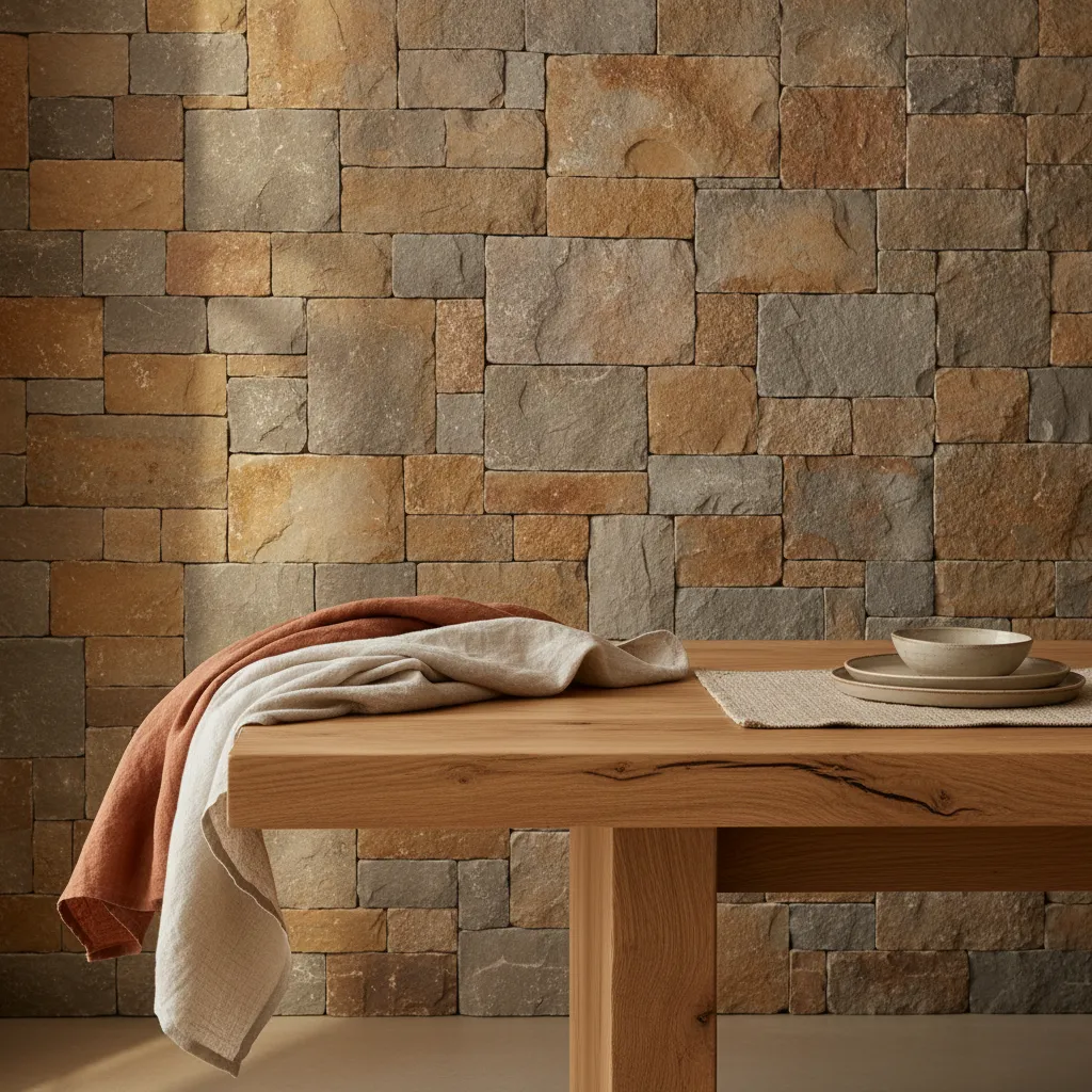 Detalle de interior con piedra natural madera y textiles orgánicos
