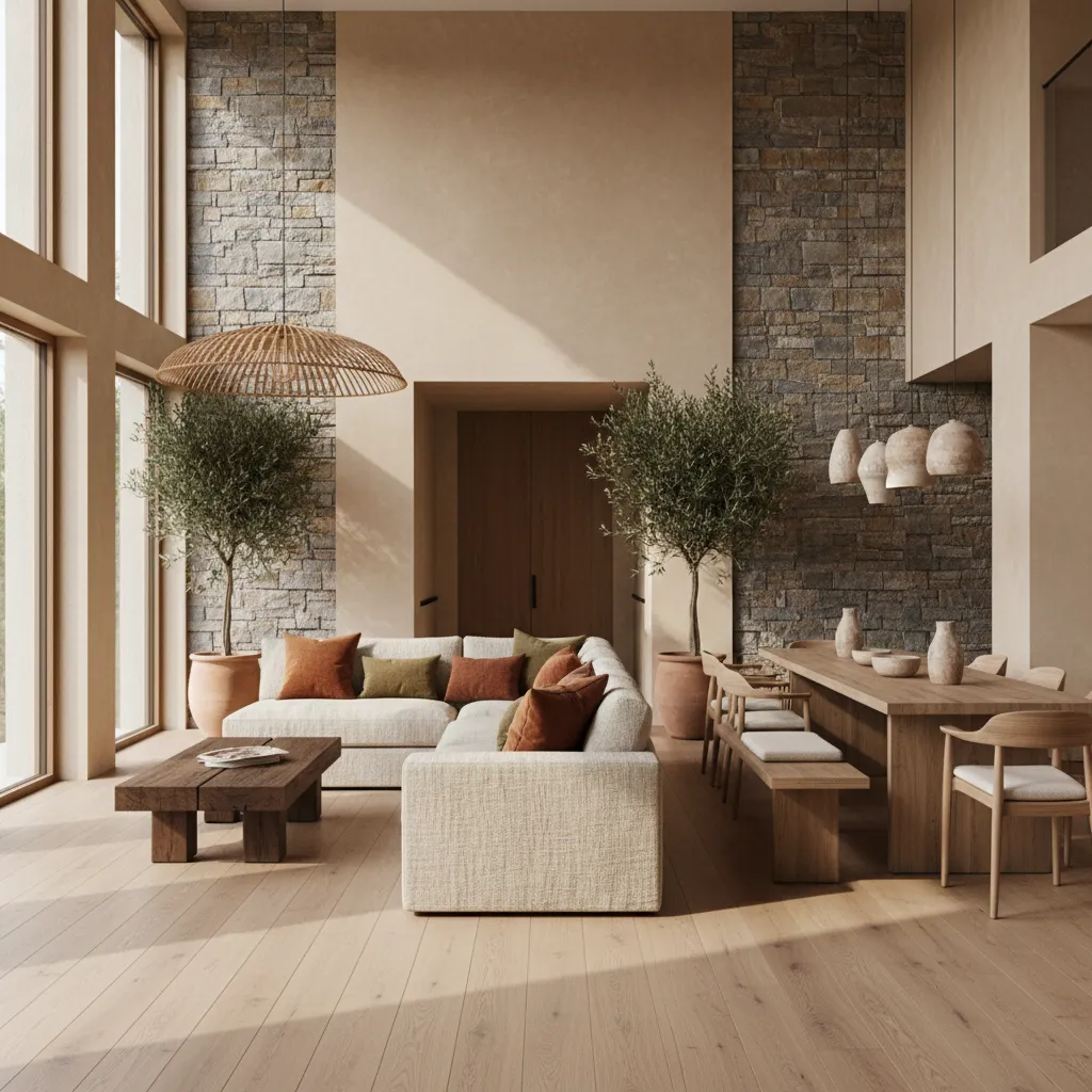 Interior con madera, piedra y textiles naturales