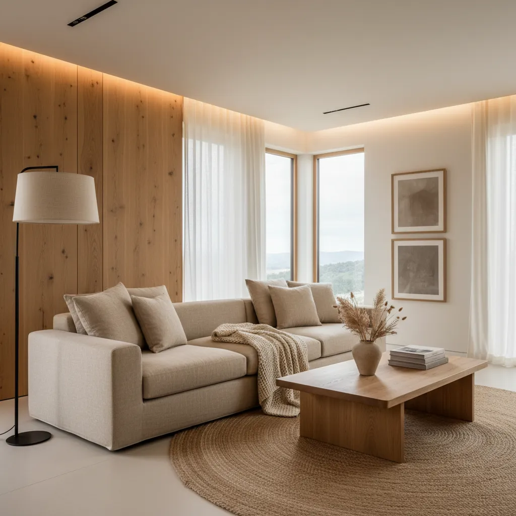 Beige sofa with wooden wall panel round rug wooden coffee table floor lamp and light