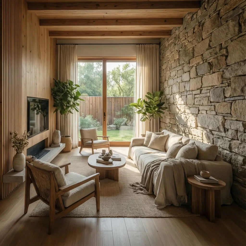 Interior moderno con madera, lino y materiales naturales