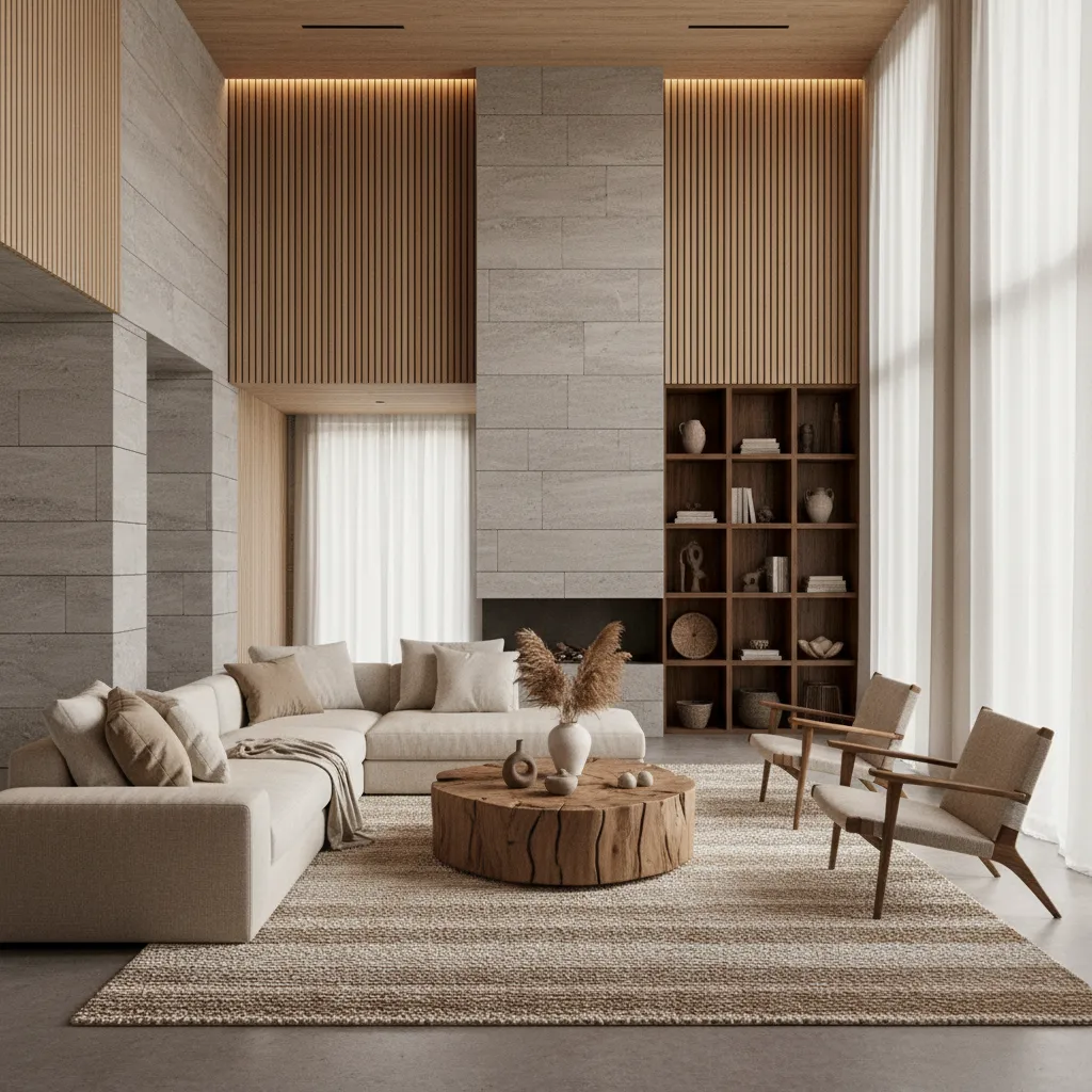 Interior con madera natural, piedra y textiles orgánicos
