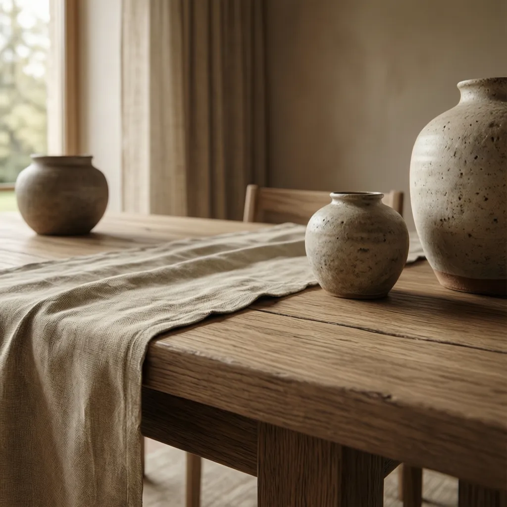Detalle de materiales naturales en interior con madera, lino y cerámica