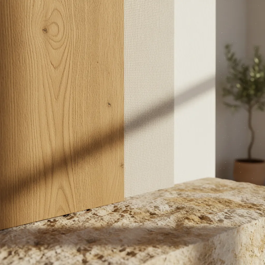 Detalle de materiales naturales como madera y lino en interiorismo