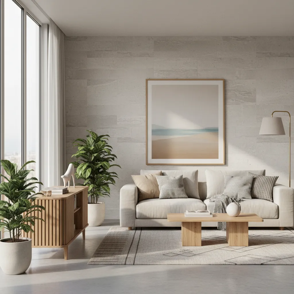 Interior con madera natural, textiles neutros y luz natural